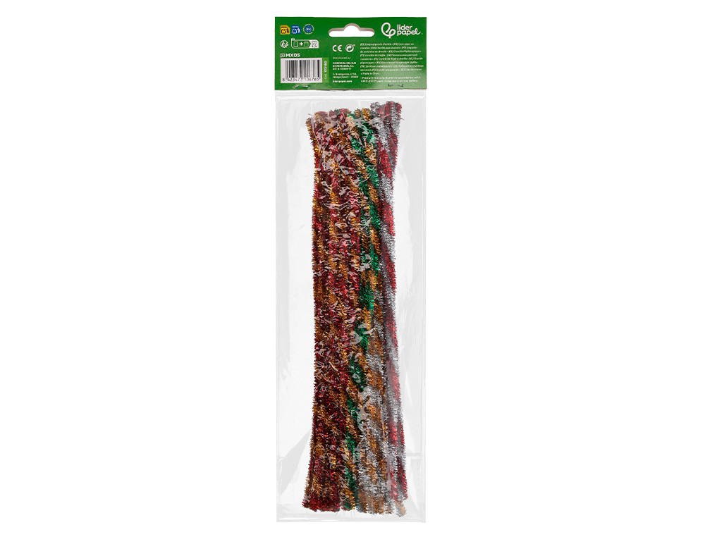 LIMPIAPIPAS DE CHENILLA LIDERPAPEL 30 CM DOS COLORES BRILLANTES SURTIDOS BOLSA DE 30 UNIDADES