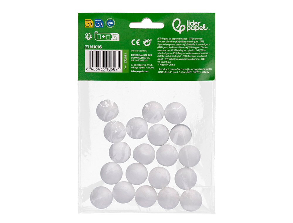 FIGURA DE ESPUMA BLANCA LIDERPAPEL BOLA DE 2 CM BOLSA CON 20 UNIDADES