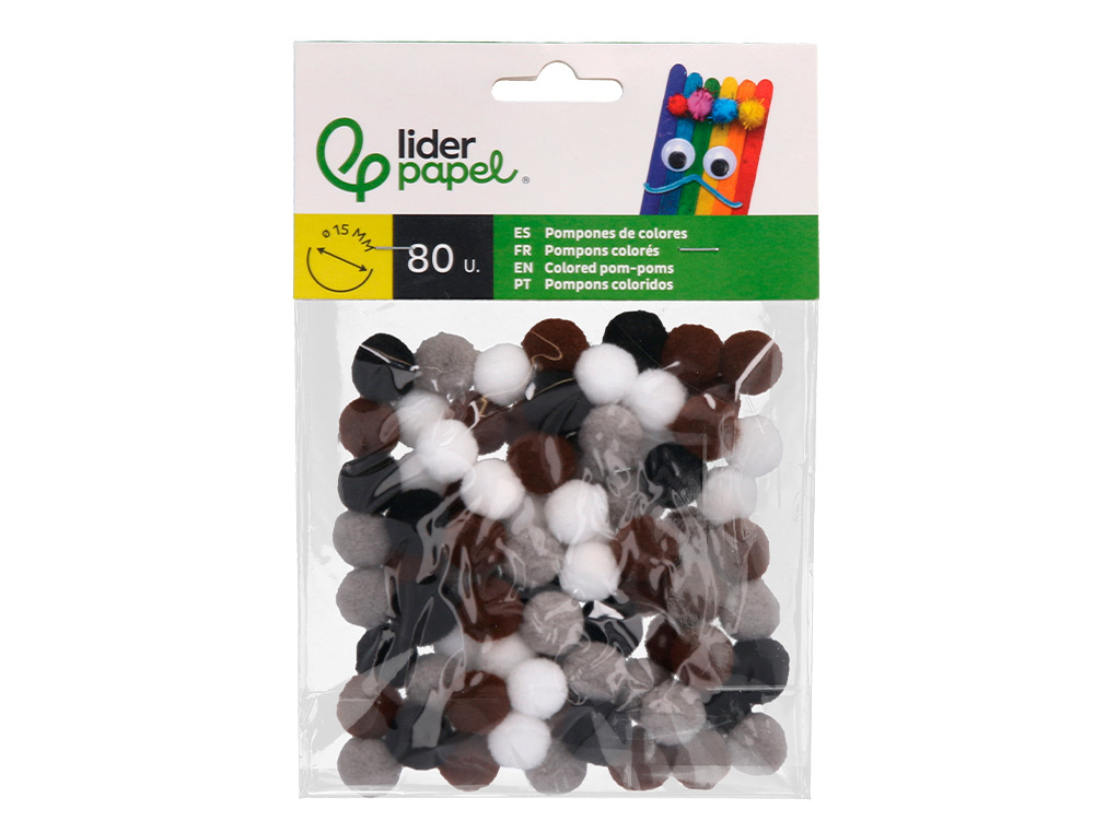 POMPONES DE COLORES LIDERPAPEL 1,5 CM TONALIDADES NEUTRAS BOLSA CON 80 UNIDADES