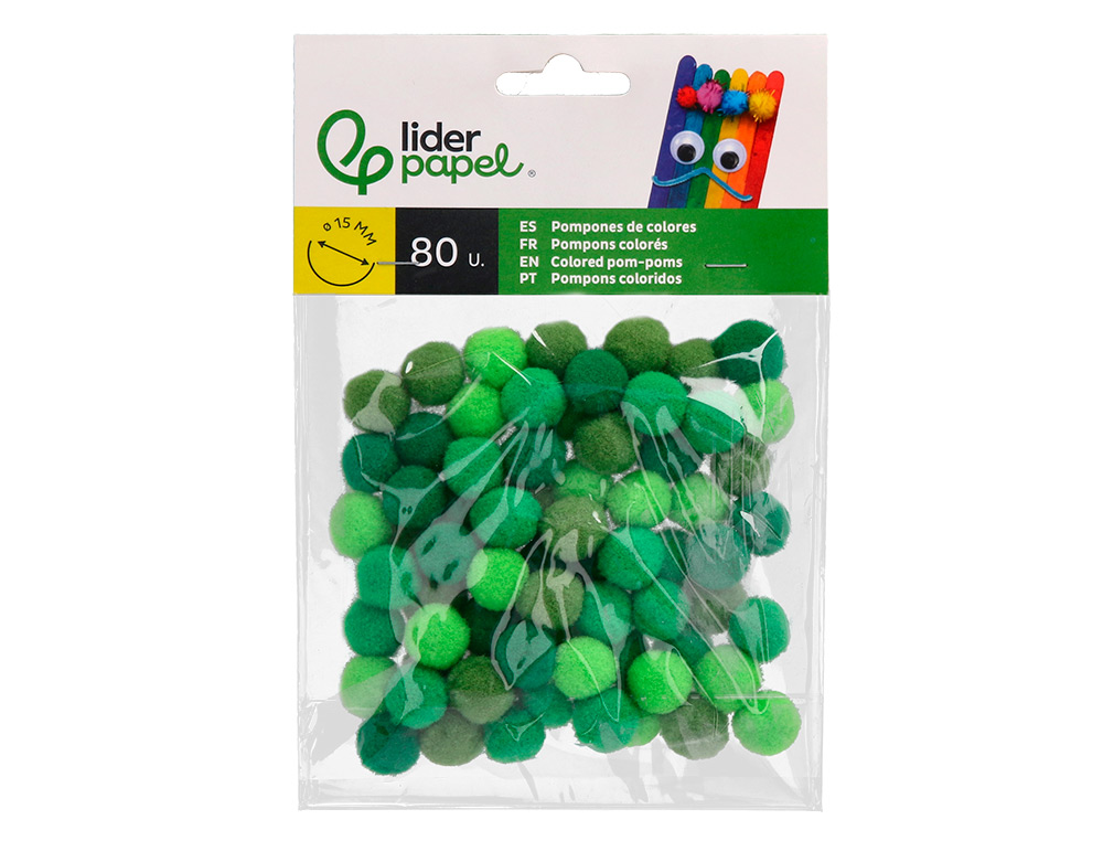 POMPONES DE COLORES LIDERPAPEL 1,5 CM TONALIDADES VERDES BOLSA CON 80 UNIDADES