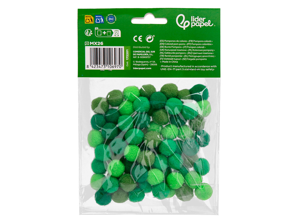 POMPONES DE COLORES LIDERPAPEL 1,5 CM TONALIDADES VERDES BOLSA CON 80 UNIDADES