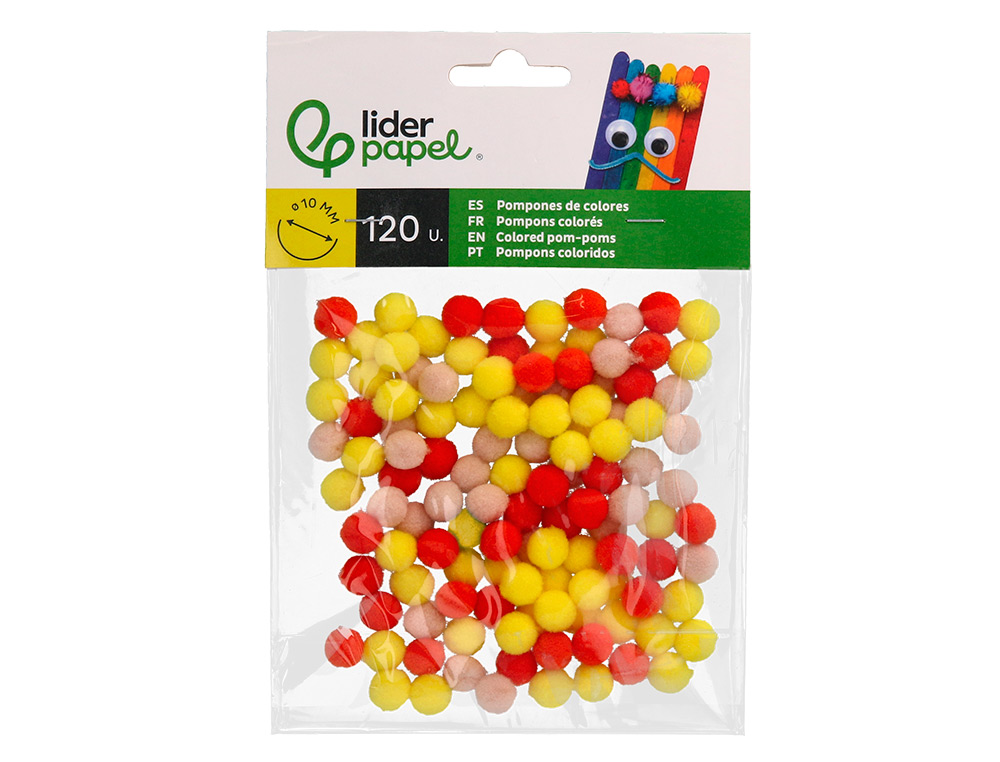 POMPONES DE COLORES LIDERPAPEL 1 CM TONALIDADES CALIDAS BOLSA CON 120 UNIDADES