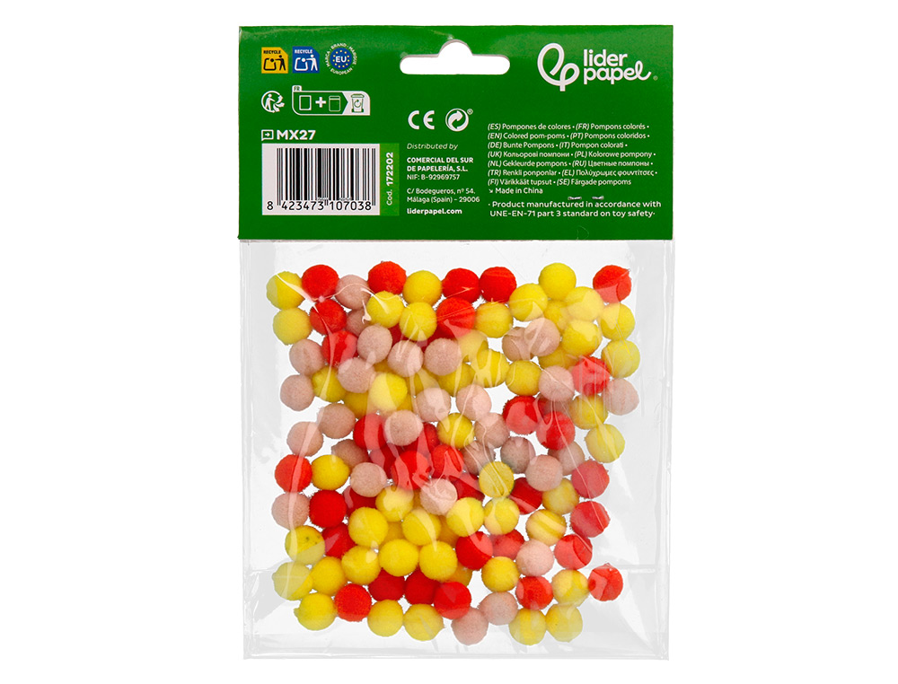 POMPONES DE COLORES LIDERPAPEL 1 CM TONALIDADES CALIDAS BOLSA CON 120 UNIDADES