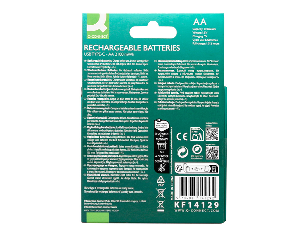 PILA Q-CONNECT AA RECARGABLE POR USB-C BLISTER DE 4 UNIDADES