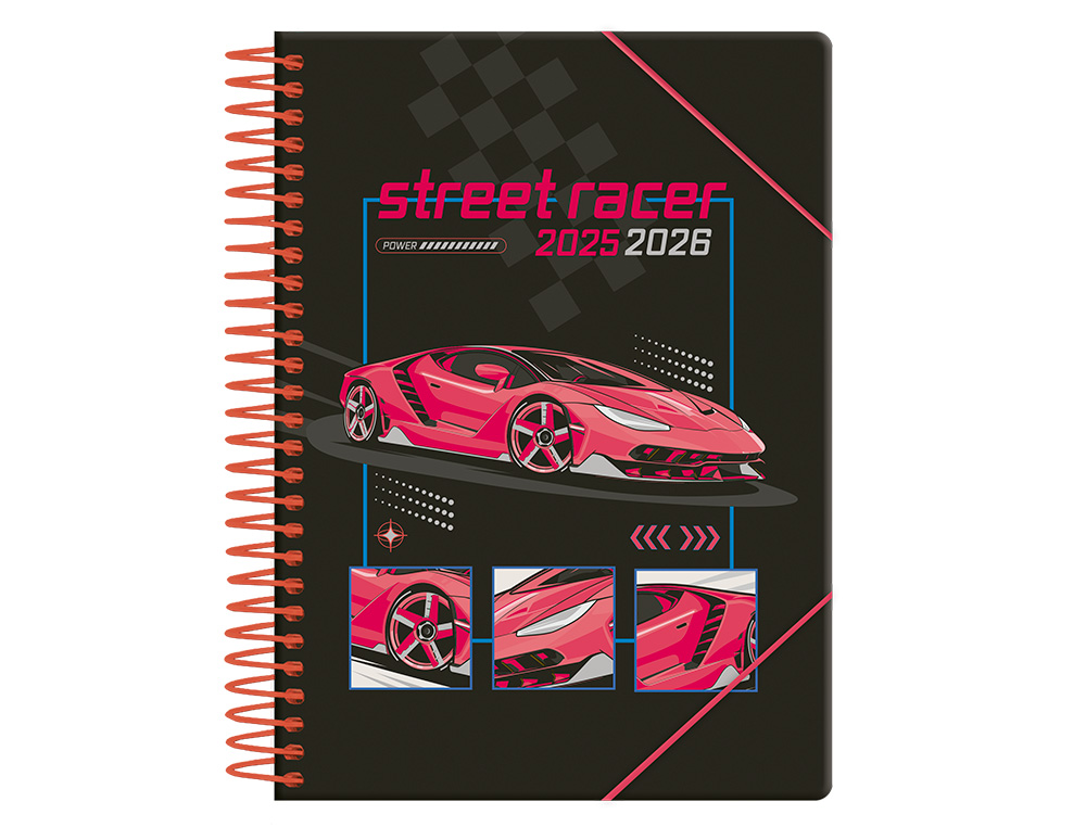 AGENDA ESCOLAR LIDERPAPEL 25-26 ESPIRAL CARS ROJO DIA PAGINA A5 BILINGÜE PAPEL FSC 80 GR