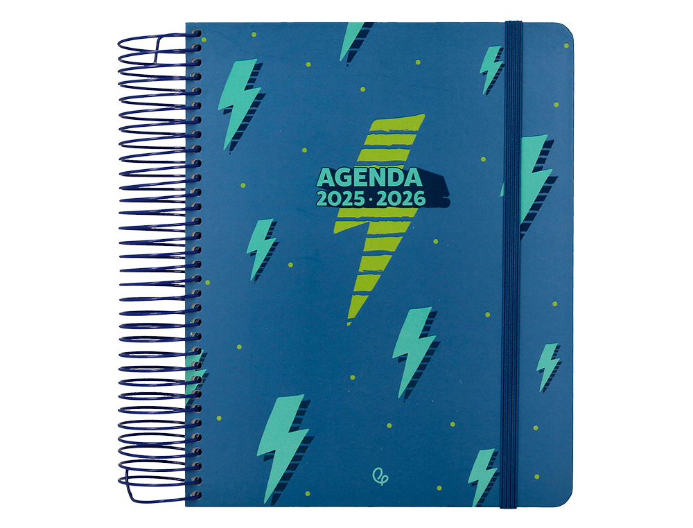 AGENDA ESCOLAR LIDERPAPEL 25-26 ESPIRAL PATTERNS RAYOS AZUL DIA PAGINA A5 BILINGÜE PAPEL FSC 80 GR