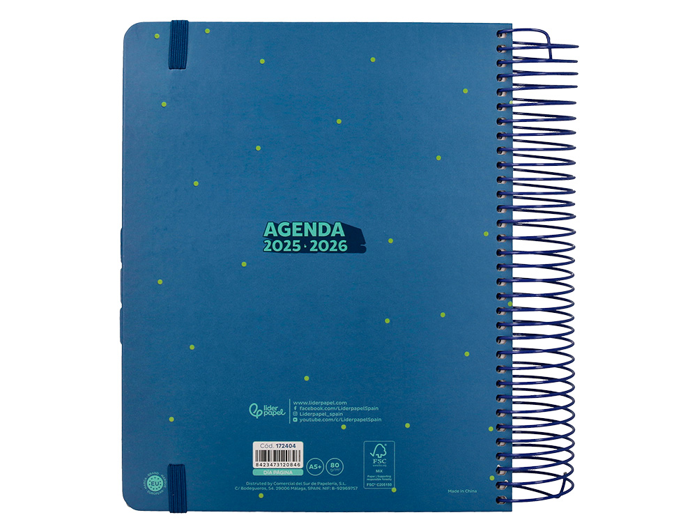 AGENDA ESCOLAR LIDERPAPEL 25-26 ESPIRAL PATTERNS RAYOS AZUL DIA PAGINA A5 BILINGÜE PAPEL FSC 80 GR