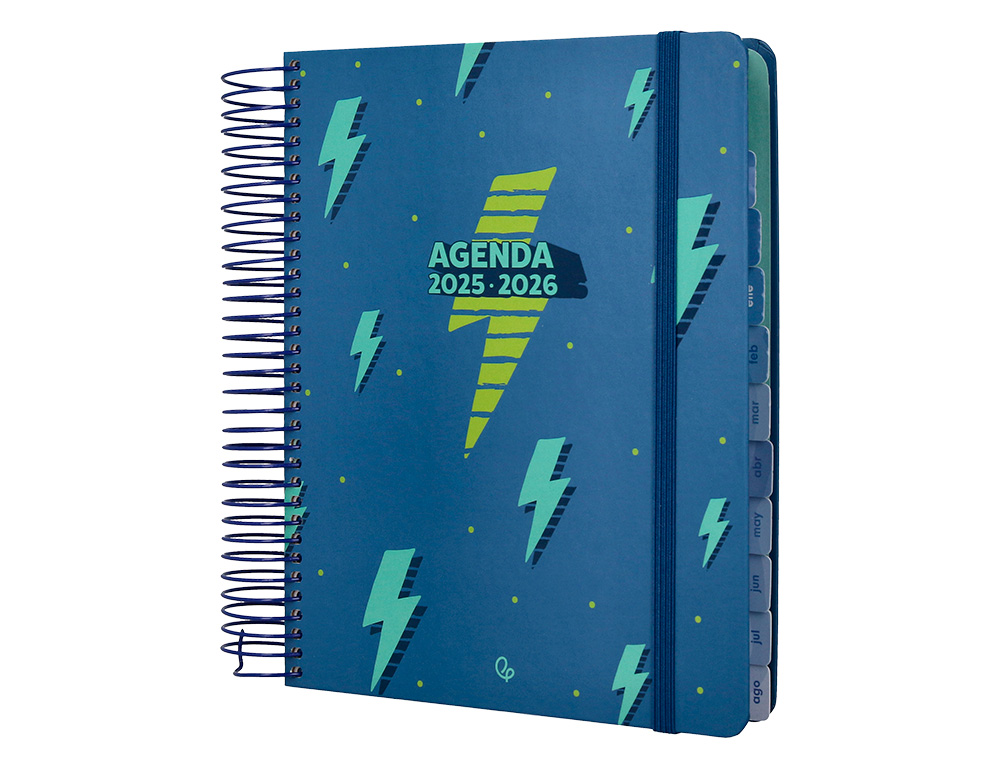 AGENDA ESCOLAR LIDERPAPEL 25-26 ESPIRAL PATTERNS RAYOS AZUL DIA PAGINA A5 BILINGÜE PAPEL FSC 80 GR
