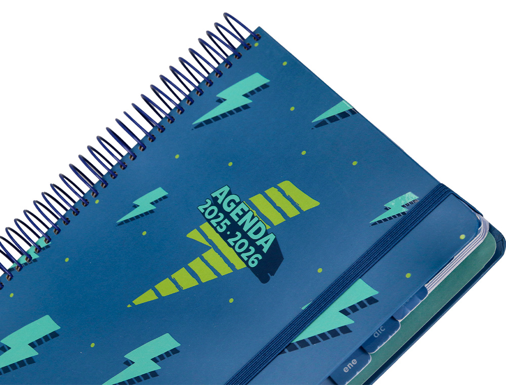 AGENDA ESCOLAR LIDERPAPEL 25-26 ESPIRAL PATTERNS RAYOS AZUL DIA PAGINA A5 BILINGÜE PAPEL FSC 80 GR