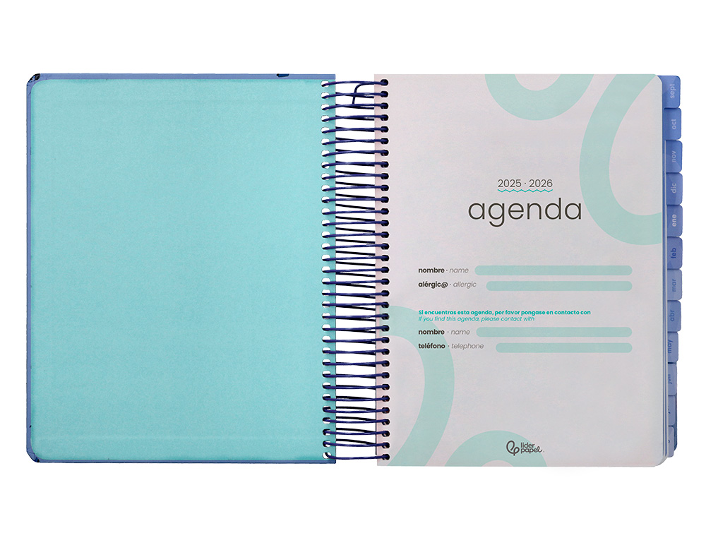 AGENDA ESCOLAR LIDERPAPEL 25-26 ESPIRAL PATTERNS RAYOS AZUL DIA PAGINA A5 BILINGÜE PAPEL FSC 80 GR