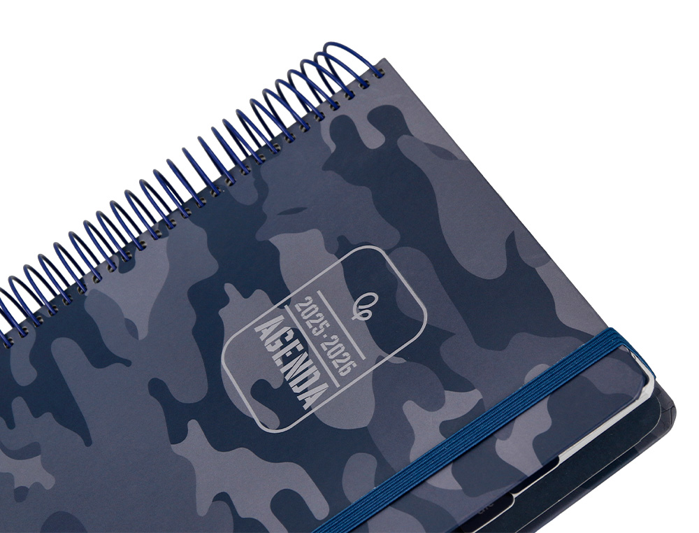 AGENDA ESCOLAR LIDERPAPEL 25-26 ESPIRAL PATTERNS MILITAR GRIS DIA PAGINA A5 BILINGÜE PAPEL FSC 80 GR