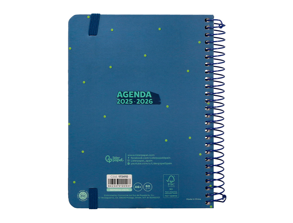 AGENDA ESCOLAR LIDERPAPEL 25-26 ESPIRAL PATTERNS RAYOS AZUL SEMANA VISTA A6 BILINGÜE PAPEL FSC 80 GR