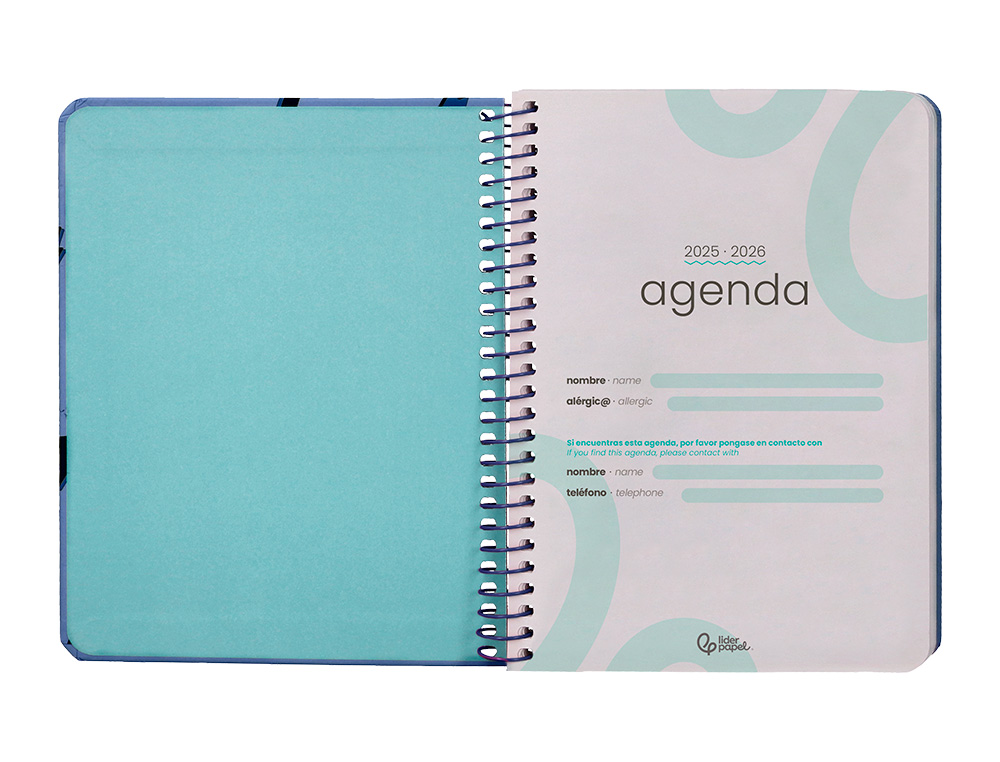 AGENDA ESCOLAR LIDERPAPEL 25-26 ESPIRAL PATTERNS RAYOS AZUL SEMANA VISTA A6 BILINGÜE PAPEL FSC 80 GR