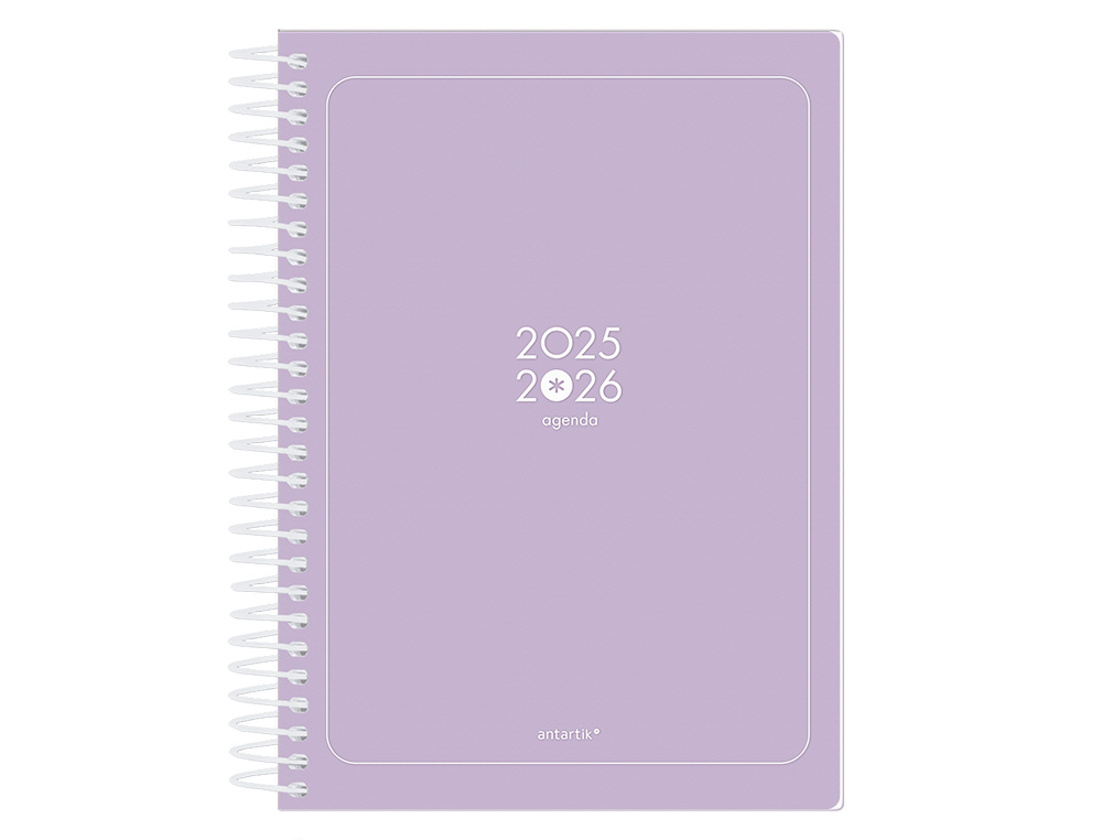 AGENDA ESCOLAR ANTARTIK 25-26 ESPIRAL ESSENTIALS MORADO DIA PAGINA A5 BILINGÜE PAPEL FSC 80 GR