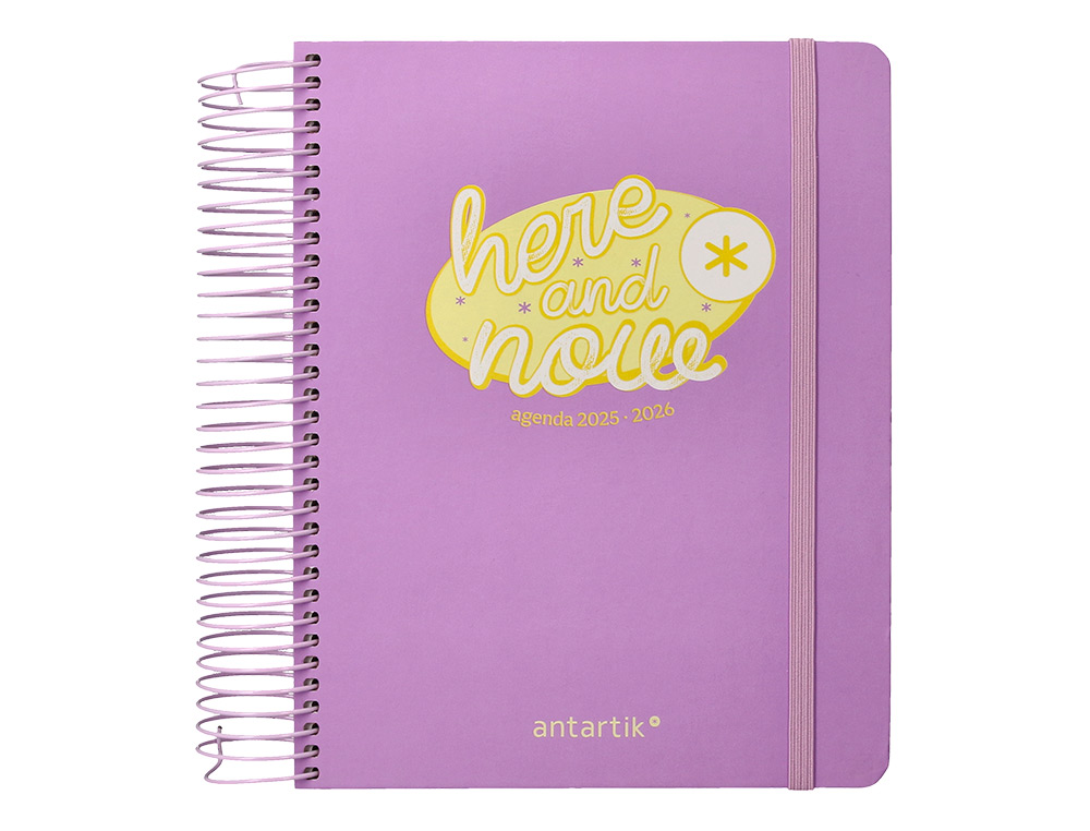 AGENDA ESCOLAR ANTARTIK 25-26 ESPIRAL HERE AND NOW MORADO DIA PAGINA A5 BILINGÜE PAPEL FSC 80 GR