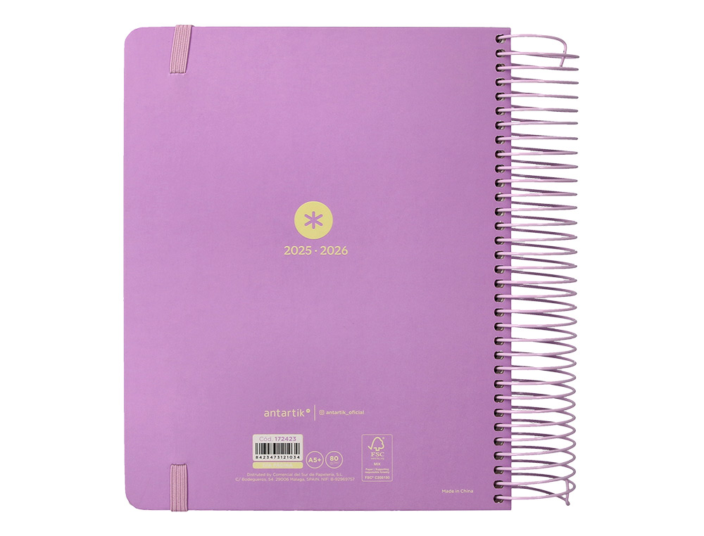 AGENDA ESCOLAR ANTARTIK 25-26 ESPIRAL HERE AND NOW MORADO DIA PAGINA A5 BILINGÜE PAPEL FSC 80 GR