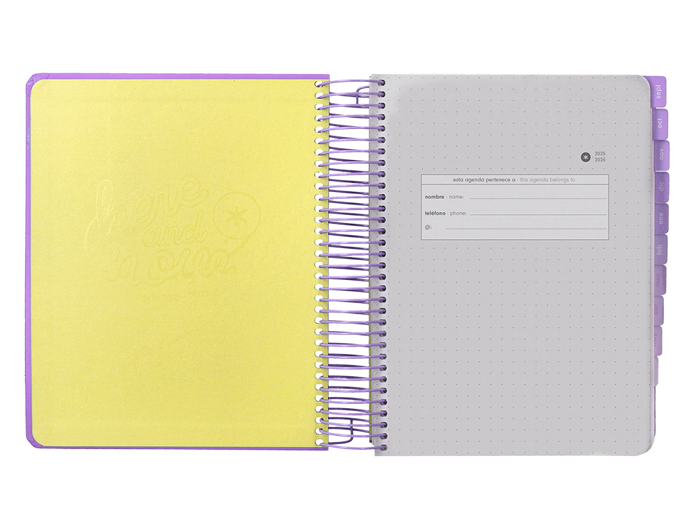 AGENDA ESCOLAR ANTARTIK 25-26 ESPIRAL HERE AND NOW MORADO DIA PAGINA A5 BILINGÜE PAPEL FSC 80 GR