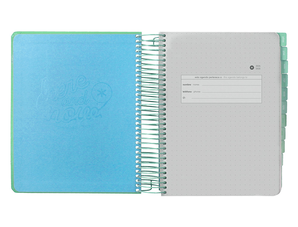 AGENDA ESCOLAR ANTARTIK 25-26 ESPIRAL HERE AND NOW TURQUESA DIA PAGINA A5 BILINGÜE PAPEL FSC 80 GR 80 GR