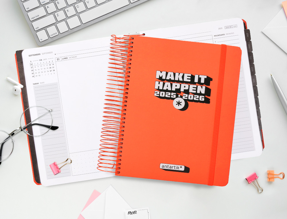 AGENDA ESCOLAR ANTARTIK 25-26 ESPIRAL NEON ROSA DIA PAGINA A5 BILINGÜE PAPEL FSC 80 GR