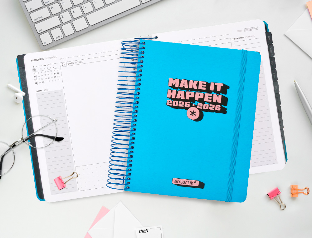 AGENDA ESCOLAR ANTARTIK 25-26 ESPIRAL NEON AZUL DIA PAGINA A5 BILINGÜE PAPEL FSC 80 GR