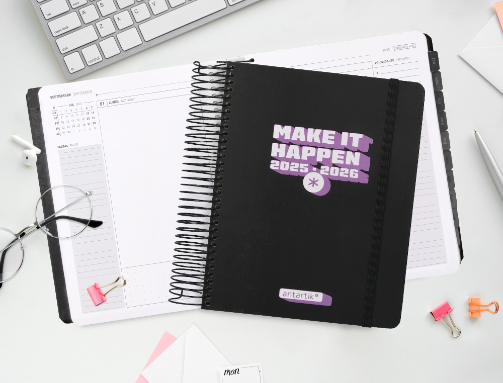 AGENDA ESCOLAR ANTARTIK 25-26 ESPIRAL NEON NEGRO DIA PAGINA A5 BILINGÜE PAPEL FSC 80 GR