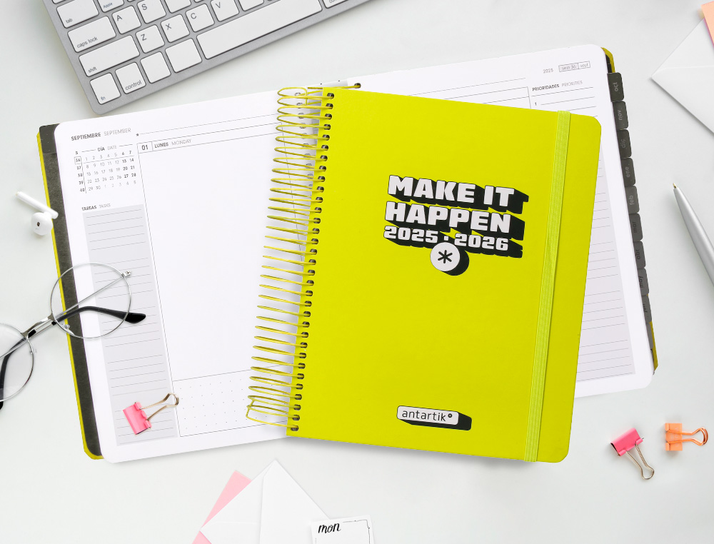 AGENDA ESCOLAR ANTARTIK 25-26 ESPIRAL NEON AMARILLO DIA PAGINA A5 BILINGE PAPEL FSC 80 GR