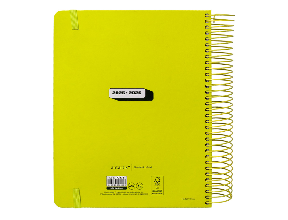AGENDA ESCOLAR ANTARTIK 25-26 ESPIRAL NEON AMARILLO DIA PAGINA A5 BILINGE PAPEL FSC 80 GR