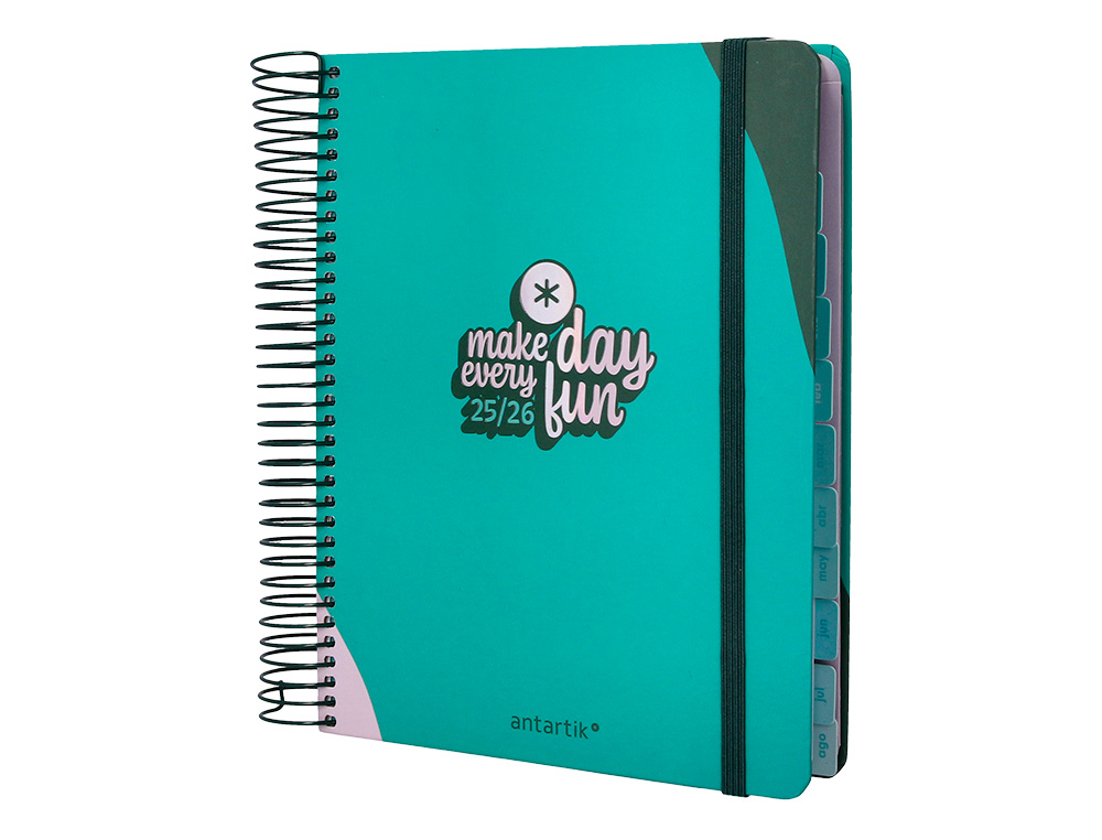AGENDA ESCOLAR ANTARTIK 25-26 ESPIRAL FUN DAY TURQUESA DIA PAGINA A5 BILINGÜE PAPEL FSC 80 GR