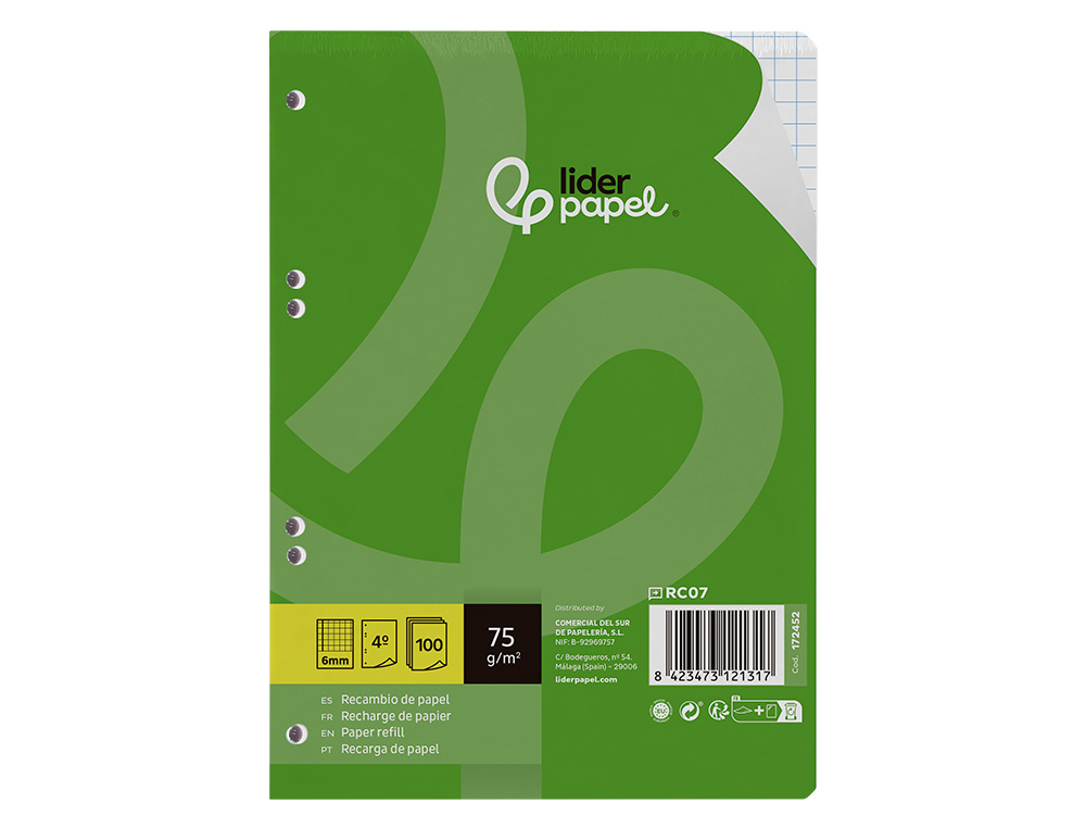 RECAMBIO LIDERPAPEL A5 100 HOJAS 75GR CUADRO 6MM CON MARGEN 6 TALADROS