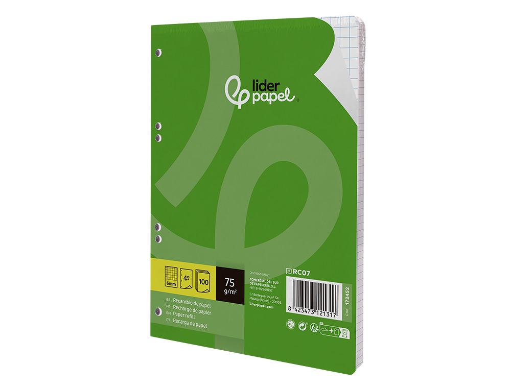 RECAMBIO LIDERPAPEL A5 100 HOJAS 75GR CUADRO 6MM CON MARGEN 6 TALADROS