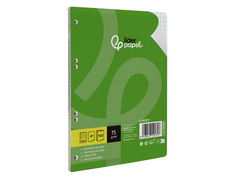 RECAMBIO LIDERPAPEL A5 100 HOJAS 75GR CUADRO 6MM CON MARGEN 6 TALADROS