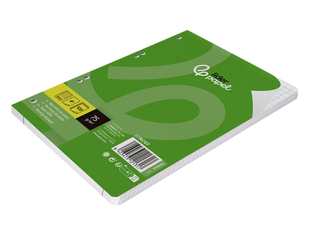 RECAMBIO LIDERPAPEL A5 100 HOJAS 75GR CUADRO 6MM CON MARGEN 6 TALADROS