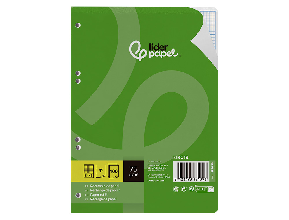 RECAMBIO LIDERPAPEL DIN A5 100 HOJAS 75G/M2 RAYADO Nº 46 6 TALADROS