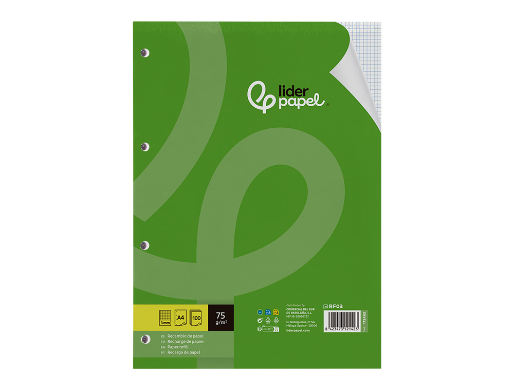 RECAMBIO LIDERPAPEL DIN A4 100 HOJAS 75 GR CUADRO 3 MM CON MARGEN 4 TALADROS