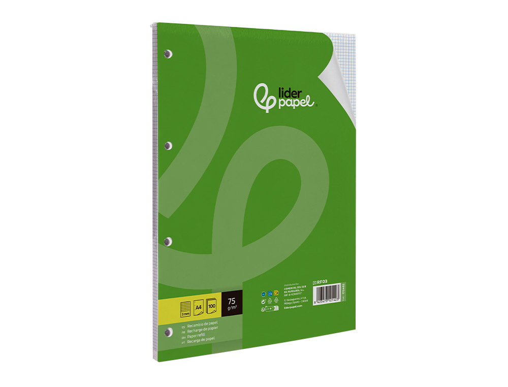 RECAMBIO LIDERPAPEL DIN A4 100 HOJAS 75 GR CUADRO 3 MM CON MARGEN 4 TALADROS