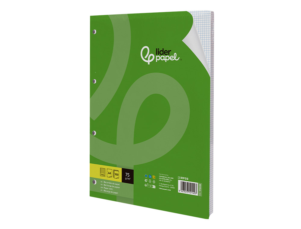 RECAMBIO LIDERPAPEL DIN A4 100 HOJAS 75 GR CUADRO 3 MM CON MARGEN 4 TALADROS