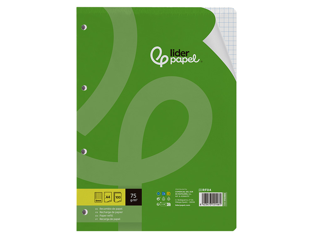 RECAMBIO LIDERPAPEL A4 100 HOJAS 75GR CUADRO 6MM 4 TALADROS CON MARGEN