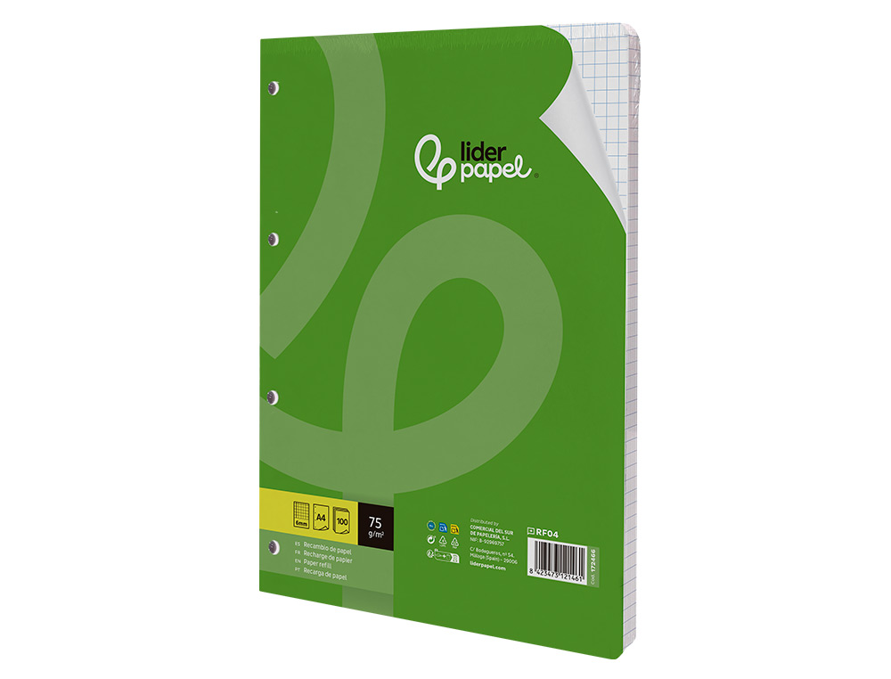 RECAMBIO LIDERPAPEL A4 100 HOJAS 75GR CUADRO 6MM 4 TALADROS CON MARGEN