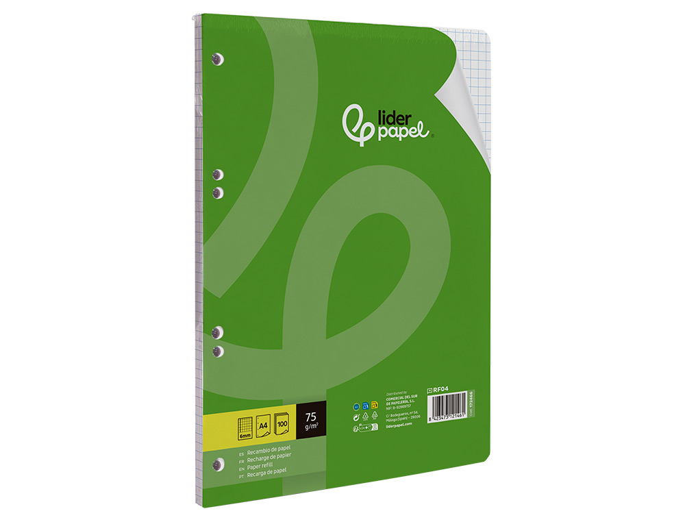 RECAMBIO LIDERPAPEL A4 100 HOJAS 75GR CUADRO 6MM 4 TALADROS CON MARGEN