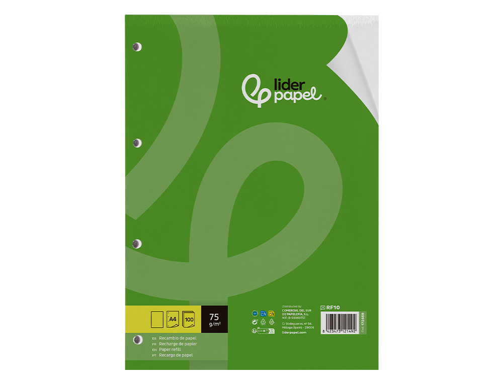 RECAMBIO LIDERPAPEL A4 100 HOJAS 75GR LISO SIN MARGEN 4 TALADROS