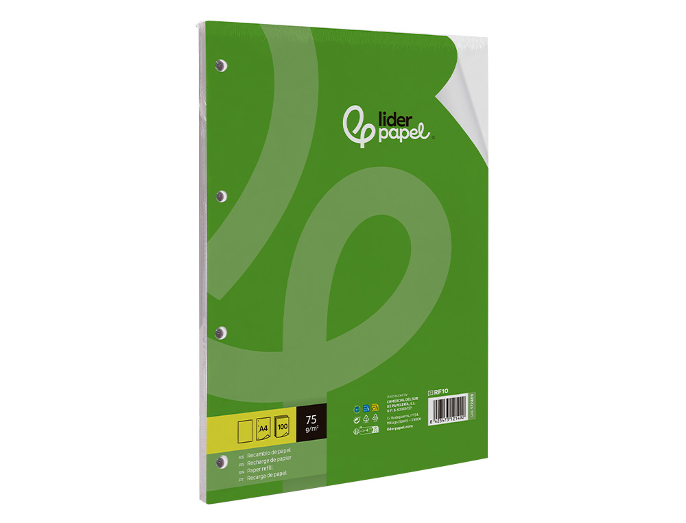 RECAMBIO LIDERPAPEL A4 100 HOJAS 75GR LISO SIN MARGEN 4 TALADROS