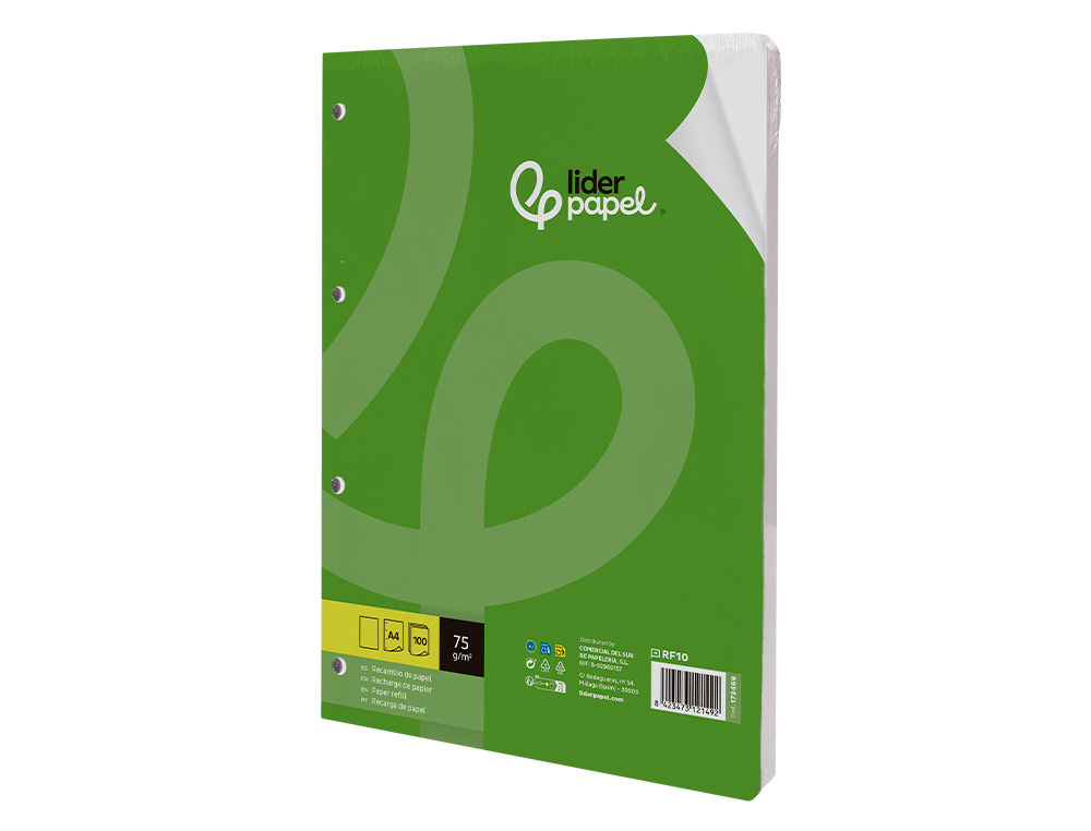 RECAMBIO LIDERPAPEL A4 100 HOJAS 75GR LISO SIN MARGEN 4 TALADROS