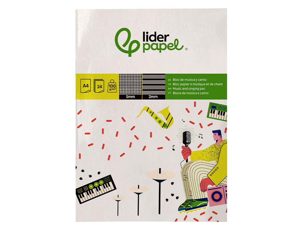 BLOC MUSICA Y CANTO LIDERPAPEL PENTAGRAMA INTERLINEADO 2 MM CUADRICULA 5MM DIN A4 24 HOJAS 100G/M2