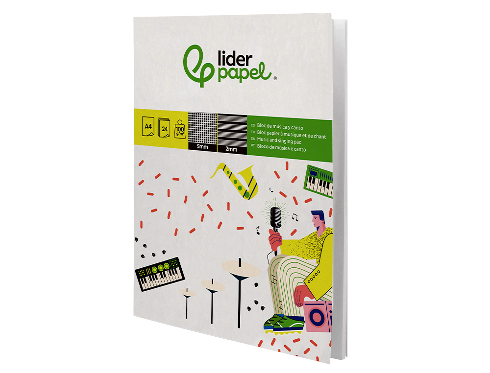 BLOC MUSICA Y CANTO LIDERPAPEL PENTAGRAMA INTERLINEADO 2 MM CUADRICULA 5MM DIN A4 24 HOJAS 100G/M2