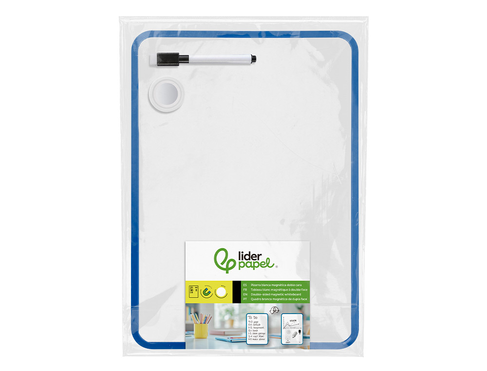 PIZARRA BLANCA LIDERPAPEL 21X30 CM MAGNETICA DOBLE CARA LISA CON ROTULADOR IMAN Y BORRADOR