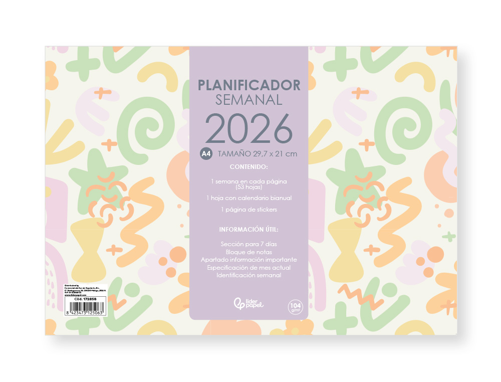 PLANNING SEMANAL LIDERPAPEL JOVEN 2026 29,7X21 CM DIN A4 CON PEGATINAS PAPEL 104 GR