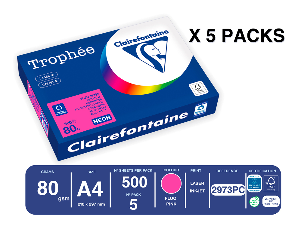 PAPEL COLOR TROPHEE A4 80GR ROSA NEON PAQUETE DE 500 HOJAS