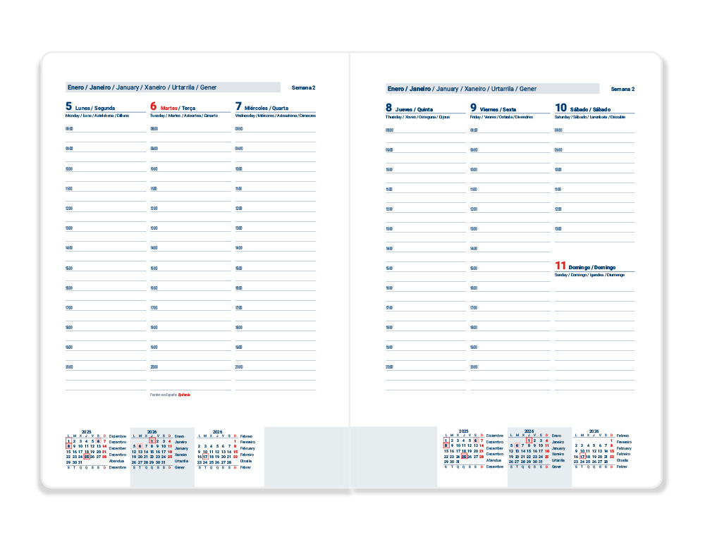 AGENDA ENCUADERNADA LIDERPAPEL CRETA 150X210 MM 2026 SEMANA VISTA GRIS PAPEL 70 GR FSC