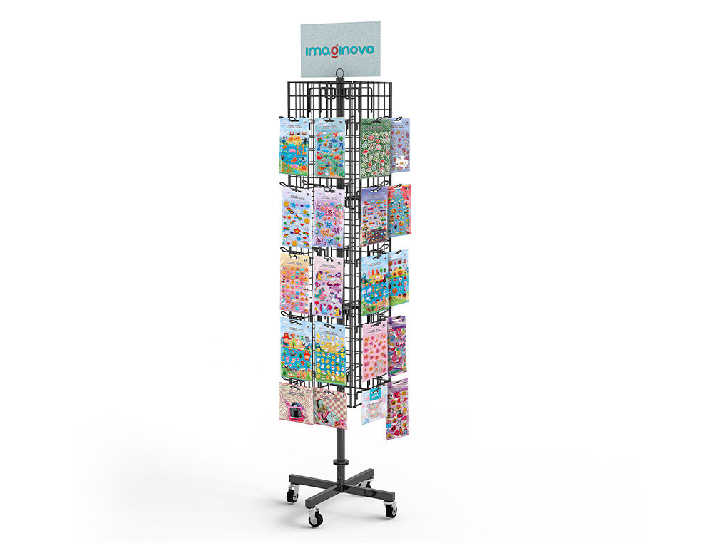 PEGATINAS IMAGINOVO EXPOSITOR METALICO GIRATORIO CON 40 GANCHOS AJUSTABLES SURTIDO CERRADO 630 UDS 1874X532X532