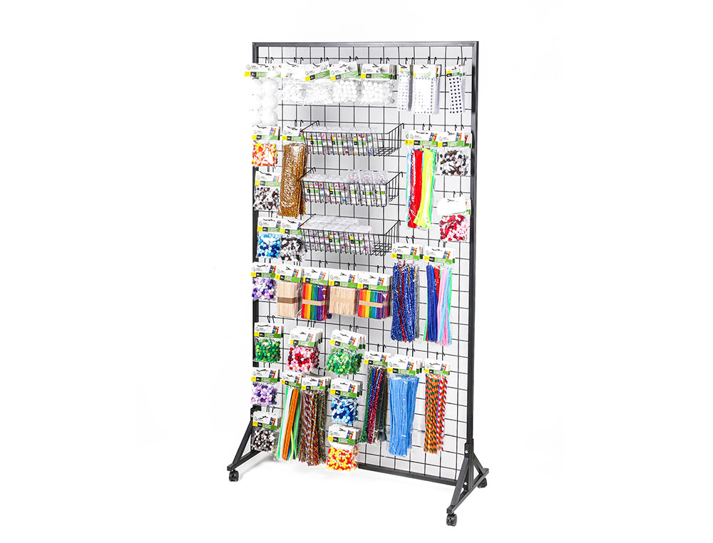 EXPOSITOR LIDERPAPEL METALICO PARA PRODUCTOS DE MANUALIDADES CON 373 UNIDADES SURTIDAS 40 GANCHOS Y 3 BANDEJAS